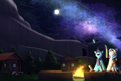 Size: 4500x3000 | Tagged: safe, artist:nihithebrony, oc, oc only, oc:haven sympony, oc:lumin light, pegasus, pony, unicorn, g4, beige body, beige wings, campfire, cinematic, cliff, clothes, colored, colored wings, cottage, couple, duo, duo male, food, forest, full body, full moon, grass, green coat, green horn, jewelry, light blue mane, light blue wings, logs, male, marshmallow, moon, multicolored coat, multicolored hair, multicolored mane, multicolored tail, multicolored wings, nature, outdoors, pegasus oc, purple eyes, purple mane, purple tail, rainbow, rainbow falls (location), relaxed, relaxing, ring, scarf, shading, sky, stallion, stargazing, starry night, stars, tail, tree, tunnel, white mane, white wings, wings, yellow eyes
