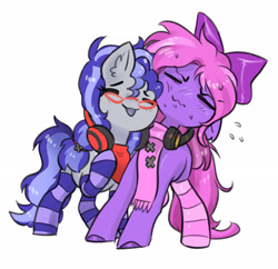 Size: 2432x2353 | Tagged: safe, artist:opalacorn, oc, oc:cinnabyte, oc:lillybit, earth pony, pony, bow, clothes, commission, emanata, eyes closed, female, hair bow, headphones, headphones around neck, mare, nuzzling, plewds, scarf, simple background, socks, striped socks, wavy mouth, white background, ych result
