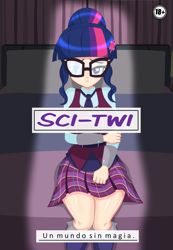 Size: 2408x3472 | Tagged: safe, sci-twi, twilight sparkle, human, equestria girls, g4, breasts, busty sci-twi, clothes, comic, cover, cover art, crystal prep academy uniform, explicit source, fanfic, female, glasses, human coloration, light skin, looking at you, necktie, room, school tie, school uniform, shadow, skirt, socks, solo, spanish