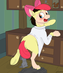 Size: 3000x3500 | Tagged: safe, artist:furnaise, apple bloom, earth pony, human, pony, g4, age regression, bloom butt, blushing, butt, clothes, cookie, eye color change, food, human to pony, looking back, male to female, mid-transformation, open mouth, shrinking, sweet apple acres, transformation, transgender transformation, underhoof, younger