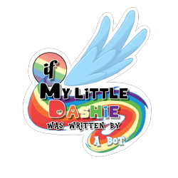 Size: 2143x2143 | Tagged: safe, artist:iamaveryrealperson, rainbow dash, pegasus, pony, comic:if my little dashie was written by a bot, fanfic:if my little dashie was written by a bot, fanfic:my little dashie, g4, 2023, comic, drop shadow, fanfic, fanfic art, logo, outline, parody, rainbow, simple background, spread wings, tail, text, transparent background, white outline, wings