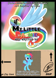 Size: 2143x3000 | Tagged: safe, ai assisted, ai content, artist:iamaveryrealperson, rainbow dash, pegasus, pony, comic:if my little dashie was written by a bot, fanfic:if my little dashie was written by a bot, fanfic:my little dashie, g4, 2023, blurry background, box, cardboard box, comic, comic cover, drop shadow, fanfic, fanfic art, logo, outline, parody, rainbow, signature, spread wings, tail, text, tree, white outline, wings