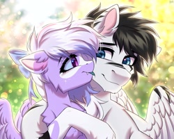 Size: 2048x1638 | Tagged: safe, artist:hakaina, oc, oc:eclipse siriusa, oc:siren andromeda, alien, alien pony, pegasus, bow, colored sclera, colored tongue, commission, couple, fangs, female, hair bow, hug, licking, male, smiling, tongue out, wholesome, ych result