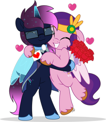 Size: 4364x5000 | Tagged: safe, artist:jhayarr23, pipp petals, oc, oc:osiris eclipse, alicorn, pegasus, pony, unicorn, g5, adorapipp, bipedal, bouquet, canon x oc, card, clothes, commission, cute, diadem, duo, ethereal mane, female, flower, glasses, heart, holiday, hoof shoes, horn, hug, jewelry, male, mare, regalia, rose, ship:osirispetals, shipping, simple background, size difference, smiling, species swap, stallion, starry mane, starry tail, straight, tail, transparent background, valentine's day, wings, ych result