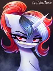 Size: 2209x2973 | Tagged: safe, artist:opal_radiance, oc, oc only, oc:red rocket, pony, unicorn, bust, eyebrows, eyes open, female, frown, high res, horn, looking at you, mare, portrait, red eyes, solo, unicorn oc
