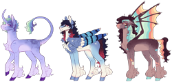 Size: 6065x2909 | Tagged: safe, artist:sleepy-nova, oc, oc only, oc:jay feather, oc:parlor trick, oc:singeing ash, bat pony, pegasus, pony, unicorn, colored wings, female, magical gay spawn, male, mare, multicolored wings, offspring, parent:big bucks, parent:jack pot, simple background, stallion, transparent background, wings