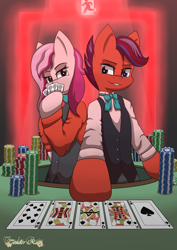 Size: 1280x1810 | Tagged: safe, artist:tenderrain-art, oc, oc only, semi-anthro, card, clothes, poker, poker chips, vest