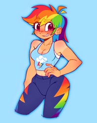 Size: 2226x2825 | Tagged: safe, artist:minky, rainbow dash, human, g4, bare shoulders, blue background, blushing, breasts, cleavage, clothes, eye clipping through hair, eyebrows, eyebrows visible through hair, female, grin, hand on hip, humanized, looking at you, midriff, simple background, sleeveless, smiling, solo, sports outfit, tan lines, tank top, tight clothing