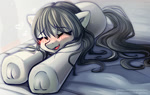 Size: 1323x837 | Tagged: safe, artist:chaosangeldesu, octavia melody, earth pony, pony, g4, bed, blush lines, blushing, cute, eyes closed, female, frog (hoof), hoofbutt, loose hair, mare, morning ponies, open mouth, open smile, pandiculation, smiling, solo, stretching, tavibetes, underhoof