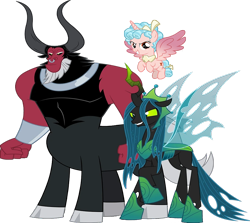 Size: 1557x1390 | Tagged: safe, artist:fruft, edit, edited screencap, screencap, cozy glow, lord tirek, queen chrysalis, alicorn, centaur, changeling, changeling queen, insect, pony, g4, the ending of the end, alicornified, background removed, bracer, cloven hooves, cozycorn, duo female, evil smile, female, grin, legion of doom, male, nose piercing, nose ring, piercing, race swap, smiling, trio