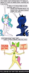 Size: 1000x2500 | Tagged: safe, artist:sneshpone, posey bloom, princess celestia, princess luna, alicorn, earth pony, pony, g4, g5, bipedal, bow, conspiracy theory, crown, dialogue, female, hair bow, jewelry, mare, necklace, open mouth, peytral, regalia, royal sisters, siblings, sign, sisters, sitting, speech bubble, tail, tail bow, trio, trio female