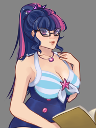 Size: 1200x1600 | Tagged: safe, artist:suracao, sci-twi, twilight sparkle, human, g4, alternate hairstyle, book, breasts, clothes, female, geode of telekinesis, glasses, gray background, humanized, magical geodes, one-piece swimsuit, sci-twi swimsuit, simple background, solo, swimsuit