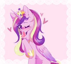 Size: 1844x1651 | Tagged: safe, artist:belkaart0w0, princess cadance, alicorn, pony, g4, blushing, chest fluff, crown, cute, cutedance, ear fluff, female, heart, heart eyes, holiday, hoof shoes, jewelry, mare, missing cutie mark, one eye closed, regalia, solo, valentine's day, wingding eyes, wink