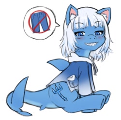 Size: 838x830 | Tagged: safe, artist:alloyrabbit, original species, pony, shark, shark pony, clothes, dorsal fin, fin, gawr gura, grin, hololive, looking at you, no pants, pictogram, ponified, simple background, sitting, smiling, solo, vtuber, white background