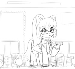 Size: 746x692 | Tagged: safe, artist:alloyrabbit, oc, oc only, earth pony, pony, :o, bus, clothes, giant pony, glasses, high ponytail, holding, macro, monochrome, necktie, not sci-twi, not species swap, open mouth, solo