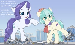 Size: 1301x793 | Tagged: safe, artist:alloyrabbit, coco pommel, rarity, earth pony, pony, unicorn, g4, bus, city, crushing, destruction, dialogue, duo, female, giant pony, macro, mare, raised hoof, shy, wavy mouth