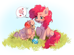 Size: 2597x1957 | Tagged: safe, artist:tyutya, pinkie pie, earth pony, pony, woolipop, g4, :p, cotton candy, female, grass, heart, mare, pal, pal spheres, palworld, shine, solo, tongue out