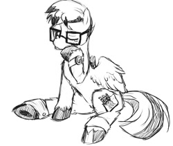 Size: 794x671 | Tagged: safe, artist:buttercupsaiyan, oc, oc only, pegasus, pony, glasses, male, monochrome, one eye closed, sitting, solo, stallion, unshorn fetlocks, watch