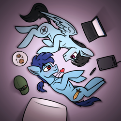 Size: 1688x1688 | Tagged: safe, artist:tsswordy, oc, oc only, oc:leo hawk, oc:swordy, earth pony, pegasus, computer, cookie, duo, food, gay, laptop computer, lying down, male, on side, romantic