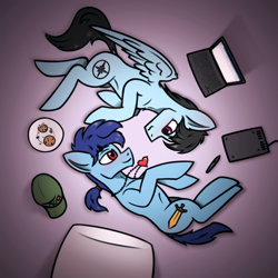 Size: 1688x1688 | Tagged: safe, artist:tsswordy, oc, oc only, oc:leo hawk, oc:swordy, earth pony, pegasus, pony, computer, cookie, duo, food, gay, laptop computer, lying down, male, on side, romantic