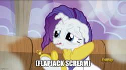 Size: 888x499 | Tagged: safe, edit, edited screencap, screencap, rarity, applejack's "day" off, g4, my little pony: friendship is magic, caption, descriptive noise, image macro, images you can hear, imgflip, prunity, pruny, text, the marvelous misadventures of flapjack, vein