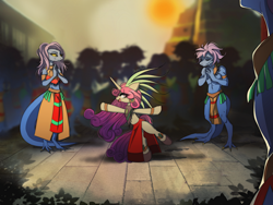 Size: 1600x1200 | Tagged: safe, artist:skyeypony, princess amore, lizard, pony, unicorn, anthro, g4, aztec, clothes, dancing, female, mare, maya, mayan