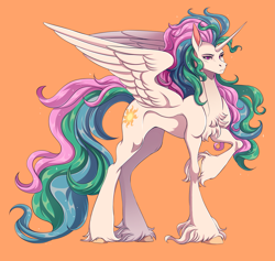Size: 2925x2773 | Tagged: safe, artist:1an1, princess celestia, alicorn, pony, g4, bed mane, chest fluff, concave belly, eyebrows, female, frown, high res, mare, orange background, raised hoof, simple background, slender, solo, spread wings, tall, thin, unshorn fetlocks, wings