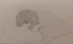 Size: 3843x2325 | Tagged: safe, artist:curly horse, oc, oc only, pegasus, pony, bedsheets, blanket, curly hair, curly mane, ears back, fluffy, grayscale, high res, male, messy mane, monochrome, pegasus oc, pencil drawing, simple background, sleepy, solo, stallion, tired, traditional art, white background