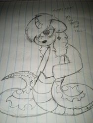 Size: 4160x3120 | Tagged: safe, artist:thatmlpartist, oc, oc only, oc:brisk binding, lamia, original species, curved horn, dialogue, horn, relatable, tired, traditional art