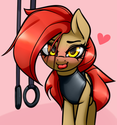 Size: 1756x1876 | Tagged: safe, artist:jetwave, oc, oc only, oc:dala vault, earth pony, pony, :p, clothes, earth pony oc, female, gymnast, heart, mare, pink background, simple background, solo, tongue out