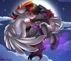 Size: 2451x2080 | Tagged: safe, alternate character, alternate version, artist:yuris, oc, oc only, oc:mimicry, oc:primaryforce, pegasus, pony, blushing, duo, duo male and female, ears back, ears up, female, flying, full moon, imminent kissing, magic, magic aura, male, moon, night, shipping, sky, straight