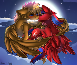 Size: 2451x2080 | Tagged: safe, alternate character, alternate version, artist:yuris, oc, oc only, oc:caramel crunch, oc:ivory flare, pegasus, pony, blushing, duo, duo male and female, ears back, ears up, female, flying, full moon, imminent kissing, male, moon, night, shipping, sky, straight