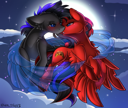 Size: 2451x2080 | Tagged: safe, alternate character, alternate version, artist:yuris, oc, oc only, oc:rexi, pegasus, pony, blushing, duo, duo male and female, ears back, ears up, female, flying, full moon, imminent kissing, magic, male, moon, night, shipping, sky, straight