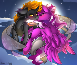 Size: 2451x2080 | Tagged: safe, alternate character, alternate version, artist:yuris, oc, oc only, oc:cherry blossom, oc:thunder, alicorn, changeling, pony, alicorn oc, blushing, duo, duo male and female, ears back, ears up, female, flying, full moon, horn, imminent kissing, male, moon, night, shipping, sky, straight, wings, yellow changeling