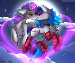 Size: 2451x2080 | Tagged: safe, alternate character, alternate version, artist:yuris, oc, oc only, oc:anykoe, oc:brain storming, earth pony, pony, blushing, clothes, duo, duo male and female, ears back, ears up, female, flying, full moon, imminent kissing, magic, magic aura, male, moon, night, shipping, sky, socks, straight, striped socks
