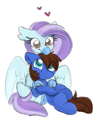 Size: 1376x1732 | Tagged: safe, artist:lbrcloud, oc, oc only, oc:ocean breeze (savygriffs), oc:red card, classical hippogriff, hippogriff, pegasus, blushing, cuddling, duo, duo male and female, female, friendshipping, heart, hippogriff oc, hug, hug from behind, male, shipping, simple background, sketch, white background