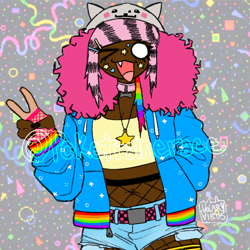 Size: 1280x1280 | Tagged: safe, artist:volaryvirus, pinkie pie, human, g4, belt, bra, clothes, collar, commission, crop top bra, curly hair, dark skin, emo, fangs, female, fishnet clothing, hand in pocket, hat, humanized, jacket, jewelry, multicolored hair, necklace, open mouth, open smile, patterned background, peace sign, scene, scenecore, shorts, signature, smiling, solo, standing, sticker, underwear, watermark