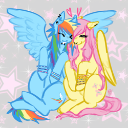 Size: 1280x1280 | Tagged: safe, artist:volaryvirus, fluttershy, rainbow dash, pegasus, pony, g4, blushing, bracelet, duo, duo female, ear fluff, ear piercing, emo, eyebrows, eyebrows visible through hair, eyes closed, female, folded wings, heart, jewelry, lesbian, lip piercing, multicolored mane, multicolored tail, nose piercing, open mouth, open smile, patterned background, piercing, pink mane, pink tail, scene, scenecore, septum piercing, ship:flutterdash, shipping, sitting, smiling, spread wings, tail, wings