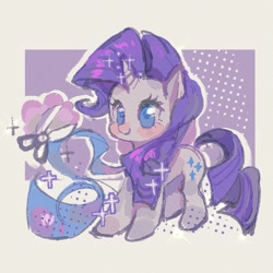 Size: 1600x1600 | Tagged: safe, artist:yangxingdyx, rarity, pony, unicorn, g4, abstract background, cute, female, mare, raribetes, scissors, smiling, solo, sparkles