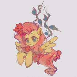 Size: 1600x1600 | Tagged: safe, artist:yangxingdyx, fluttershy, pegasus, pony, g4, cute, female, flower, flower in hair, flying, gray background, mare, shyabetes, simple background, smiling, solo, sparkles, spread wings, wings