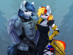 Size: 2217x1662 | Tagged: safe, artist:alphadesu, oc, oc only, earth pony, pegasus, pony, anthro, armor, breasts, cleavage, clothes, dawnguard, dress, duo, female, male, skyrim, sleeveless, snow, snowfall, sword, the elder scrolls, weapon
