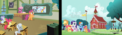 Size: 2600x750 | Tagged: safe, artist:lukington17, artist:shelikof launch, apple bloom, applejack, cheerilee, liza doolots, petunia, rainbow dash, rarity, scootaloo, silver spoon, sweetie belle, tootsie flute, earth pony, pegasus, pony, unicorn, fanfic:a small issue, g4, ^^, anatomically incorrect, apple sisters, belle sisters, biology, cheerilee is not amused, classroom, commission, eyes closed, facehoof, female, filly, foal, mare, ponyville schoolhouse, school, show accurate, siblings, sisters, the cmc's cutie marks, unamused