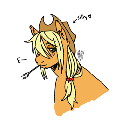 Size: 1280x1280 | Tagged: safe, artist:volaryvirus, applejack, earth pony, pony, g4, applejack's hat, bags under eyes, blushing, cowboy hat, ear fluff, female, freckles, hair over one eye, hat, heart, lidded eyes, mare, mouth hold, ponytail, signature, silly, silly pony, simple background, smiling, solo, text, white background, who's a silly pony