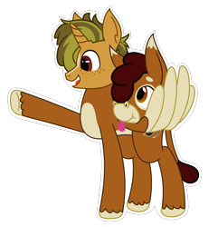 Size: 1296x1344 | Tagged: safe, artist:of-felt-and-cardboard, oc, oc only, oc:flapjack, oc:pogo springs, hybrid, mule, pegamule, pony, unicorn, :p, detachable head, freckles, head swap, headless, male, modular, simple background, sticker, tongue out, transparent background, wing hands, wings