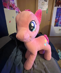 Size: 817x978 | Tagged: safe, artist:thebronypony123, pinkie pie, earth pony, pony, g4, bed, irl, photo, plushie, solo