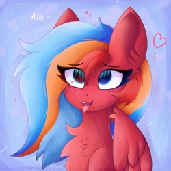 Size: 1773x1773 | Tagged: safe, artist:gaffy, oc, oc only, oc:gaffy, pegasus, pony, ahegao, chest fluff, ear fluff, eye clipping through hair, female, heterochromia, open mouth, pegasus oc, solo, tongue out, wings