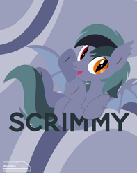 Size: 8171x10357 | Tagged: safe, artist:ponyrailartist, oc, oc only, oc:scrimmy, bat pony, pony, banner, bat pony oc, happy, heterochromia, letter, spread wings, waving, wings