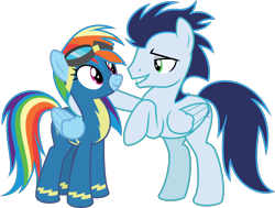 Size: 2115x1596 | Tagged: safe, alternate version, artist:sollace, derpibooru exclusive, rainbow dash, soarin', pegasus, pony, g4, grannies gone wild, season 8, .svg available, bedroom eyes, clothes, eye contact, female, goggles, looking at each other, looking at someone, male, mare, raised hoof, shipping fuel, simple background, smiling, stallion, svg, transparent background, uniform, vector, wonderbolts uniform