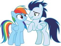 Size: 7953x6000 | Tagged: safe, alternate version, artist:sollace, derpibooru exclusive, rainbow dash, soarin', pegasus, pony, g4, grannies gone wild, season 8, .svg available, bedroom eyes, clothes, eye contact, female, looking at each other, looking at someone, male, mare, raised hoof, ship:soarindash, shipping, shipping fuel, simple background, smiling, stallion, straight, transparent background, vector