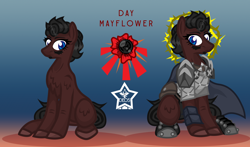 Size: 1700x1000 | Tagged: safe, artist:devorierdeos, oc, oc only, oc:day mayflower, fallout equestria, armor, blue eyes, cutie mark, halo, raider, raincoat, reference sheet, simple background